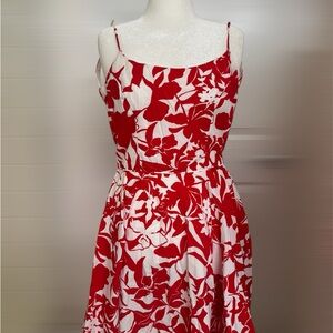 Moda International Red and White Floral, A-Line, Midi Dress